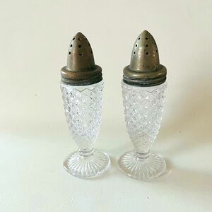 Vintage 1950’s Cut Glass Salt and Pepper Shakers with Metal Lids